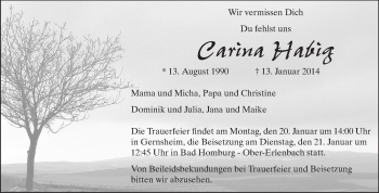 Traueranzeige von Carina Habig von Rüsselsheimer Echo, Groß-Gerauer-Echo, Ried Echo