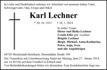 Traueranzeige von Karl Lechner  von Odenwälder Echo