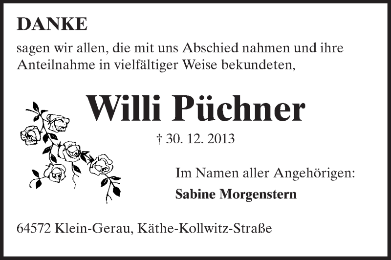 Traueranzeige für Willi Püchner vom 18.01.2014 aus Rüsselsheimer Echo, Groß-Gerauer-Echo, Ried Echo