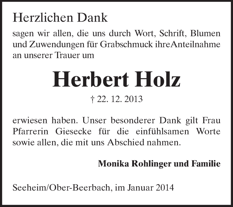  Traueranzeige für Herbert Holz vom 18.01.2014 aus Echo-Zeitungen (Gesamtausgabe)