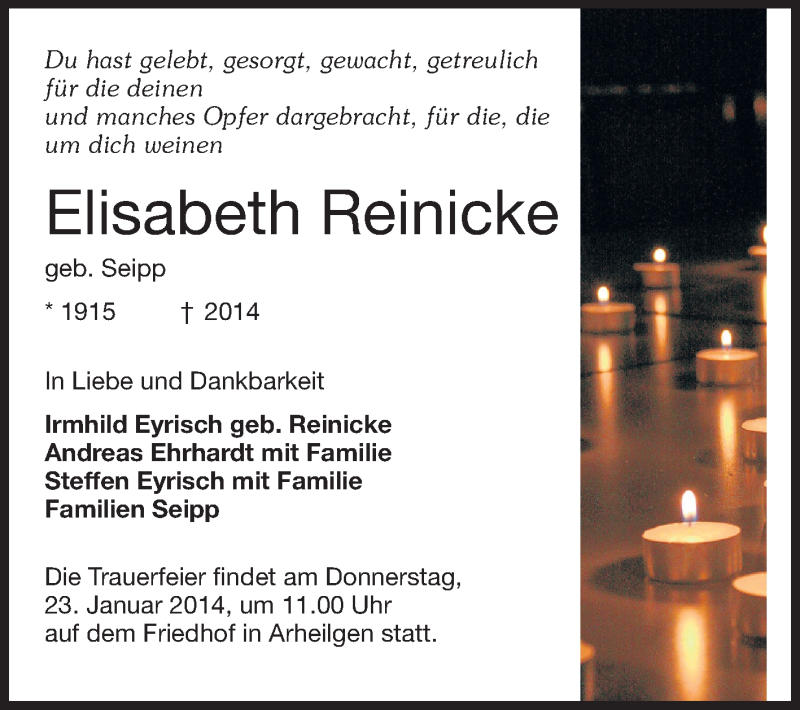  Traueranzeige für Elisabeth Reinicke vom 18.01.2014 aus Echo-Zeitungen (Gesamtausgabe)