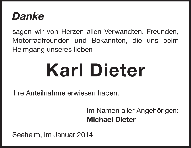  Traueranzeige für Karl Dieter vom 18.01.2014 aus Echo-Zeitungen (Gesamtausgabe)