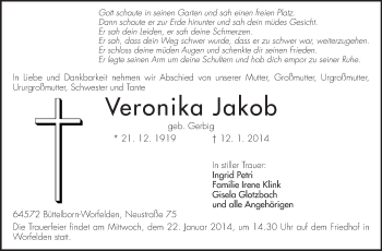 Traueranzeige von Veronika Jakob von Rüsselsheimer Echo, Groß-Gerauer-Echo, Ried Echo