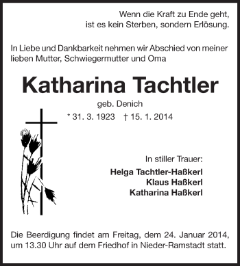 Traueranzeige von Katharina Tachtler von Echo-Zeitungen (Gesamtausgabe)
