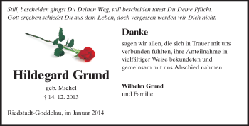 Traueranzeige von Hildegard Grund von Rüsselsheimer Echo, Groß-Gerauer-Echo, Ried Echo