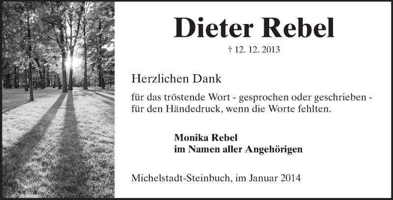  Traueranzeige für Dieter Rebel vom 18.01.2014 aus Odenwälder Echo