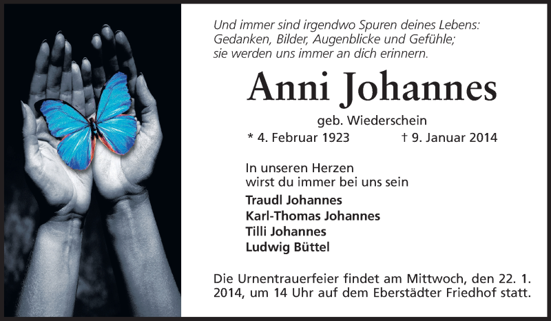  Traueranzeige für Anni Johannes vom 18.01.2014 aus Echo-Zeitungen (Gesamtausgabe)