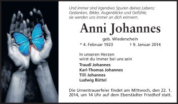 Traueranzeige von Anni Johannes von Echo-Zeitungen (Gesamtausgabe)