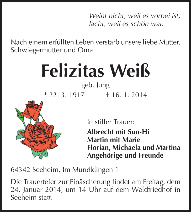  Traueranzeige für Felizitas Weiß vom 18.01.2014 aus Echo-Zeitungen (Gesamtausgabe)