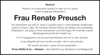 Traueranzeige von Renate Preusch von Echo-Zeitungen (Gesamtausgabe)