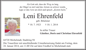 Traueranzeige von Leni Ehrenfeld von Odenwälder Echo