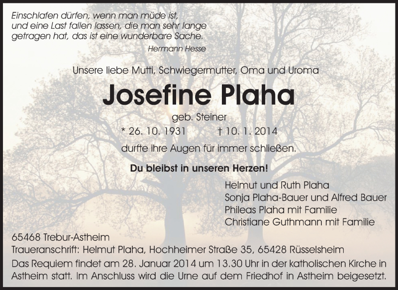  Traueranzeige für Josefine Plaha vom 18.01.2014 aus Rüsselsheimer Echo, Groß-Gerauer-Echo, Ried Echo