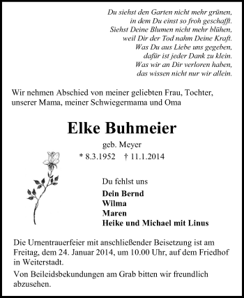 Traueranzeige von Elke Buhmeier von Echo-Zeitungen (Gesamtausgabe)