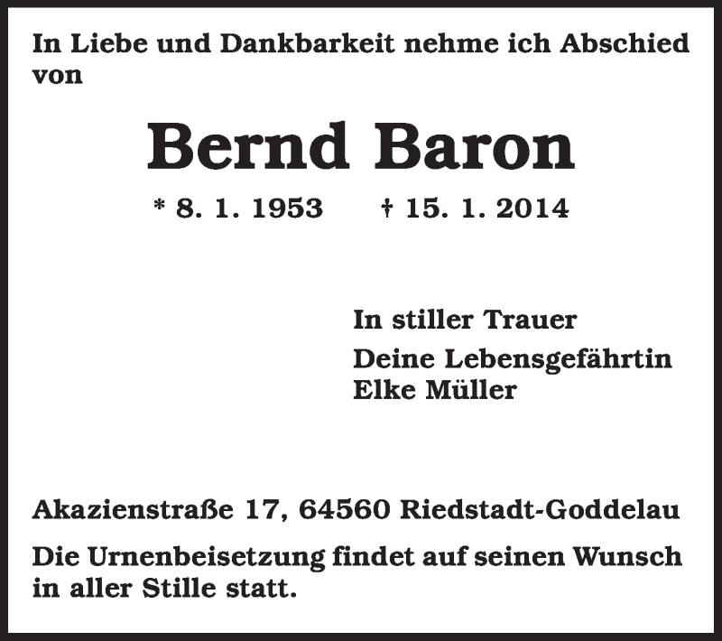  Traueranzeige für Bernd Baron vom 18.01.2014 aus Rüsselsheimer Echo, Groß-Gerauer-Echo, Ried Echo