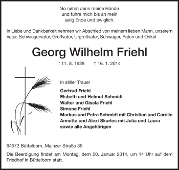 Traueranzeige von Georg Wilhelm Friehl von Rüsselsheimer Echo, Groß-Gerauer-Echo, Ried Echo