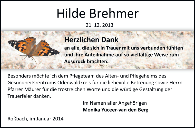  Traueranzeige für Hilde Brehmer vom 18.01.2014 aus Odenwälder Echo