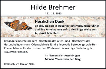 Traueranzeige von Hilde Brehmer von Odenwälder Echo