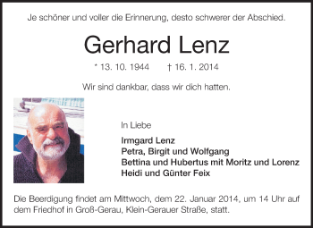 Traueranzeige von Gerhard Lenz von Rüsselsheimer Echo, Groß-Gerauer-Echo, Ried Echo
