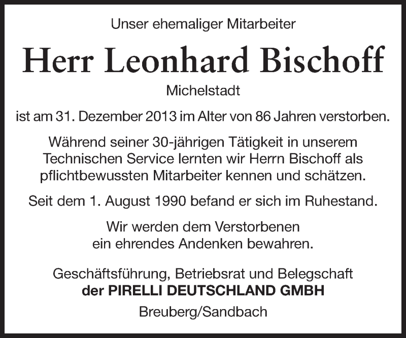  Traueranzeige für Leonhard Bischoff vom 20.01.2014 aus Odenwälder Echo