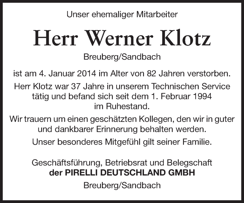  Traueranzeige für Werner Klotz vom 21.01.2014 aus Odenwälder Echo
