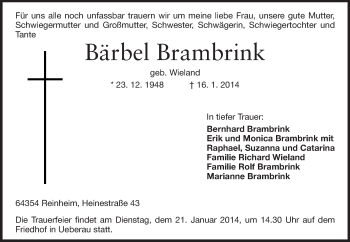 Traueranzeige von Bärbel Brambrink von Echo-Zeitungen (Gesamtausgabe)