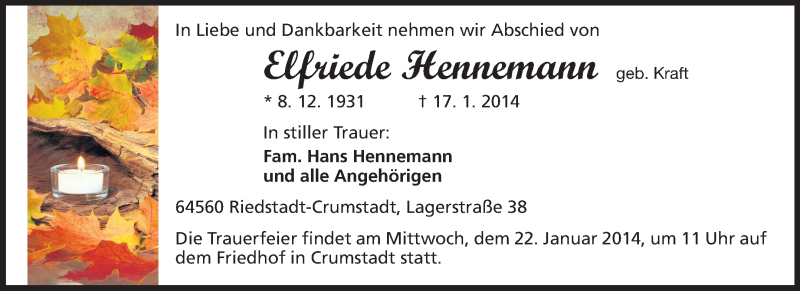  Traueranzeige für Elfriede Hennemann vom 20.01.2014 aus Echo-Zeitungen (Gesamtausgabe)