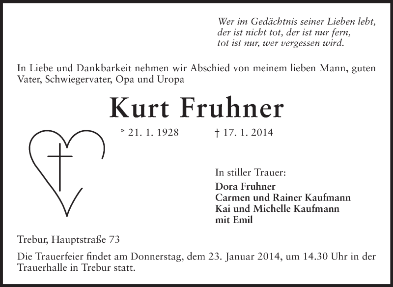  Traueranzeige für Kurt Fruhner vom 21.01.2014 aus Rüsselsheimer Echo, Groß-Gerauer-Echo, Ried Echo
