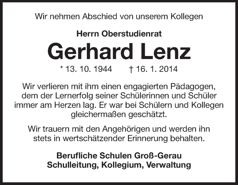  Traueranzeige für Gerhard Lenz vom 22.01.2014 aus Rüsselsheimer Echo, Groß-Gerauer-Echo, Ried Echo