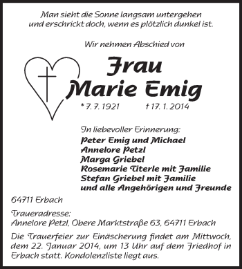 Traueranzeige von Marie Emig von Odenwälder Echo