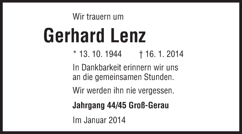  Traueranzeige für Gerhard Lenz vom 21.01.2014 aus Rüsselsheimer Echo, Groß-Gerauer-Echo, Ried Echo