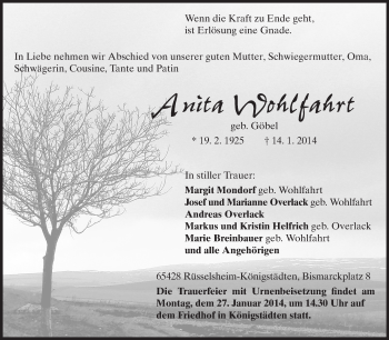 Traueranzeige von Anita Wohlfahrt von Rüsselsheimer Echo, Groß-Gerauer-Echo, Ried Echo