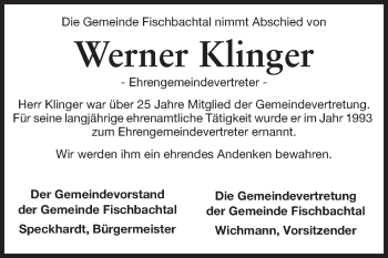 Traueranzeige von Werner Klinger von Echo-Zeitungen (Gesamtausgabe)