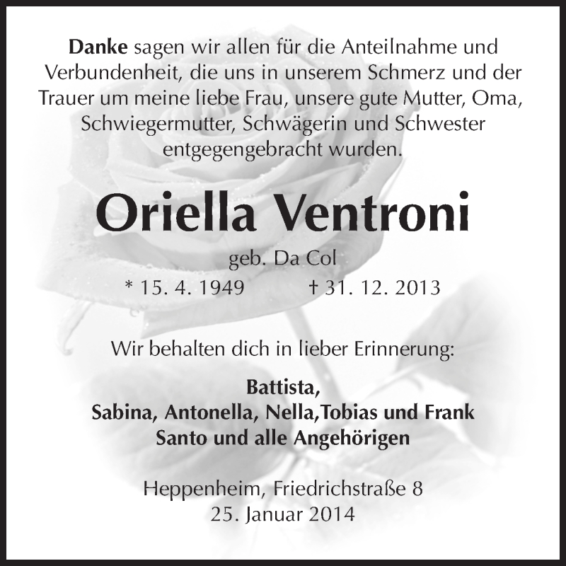  Traueranzeige für Oriella Ventrino vom 25.01.2014 aus Starkenburger Echo