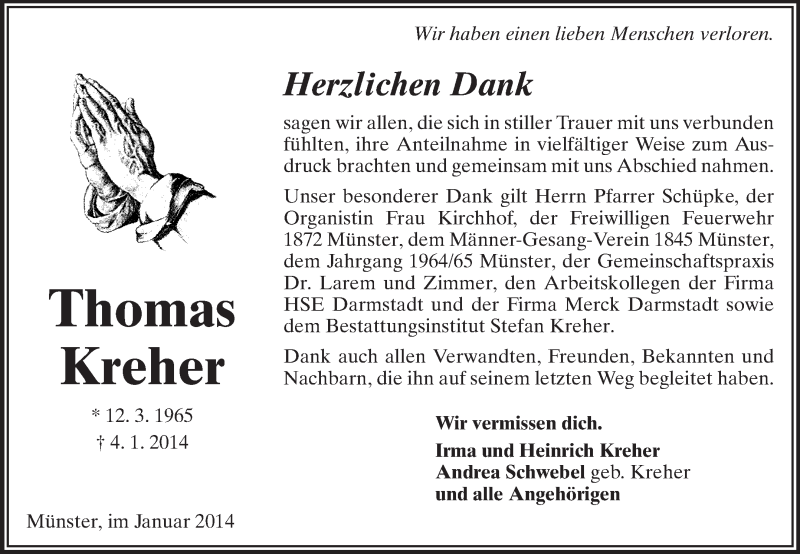  Traueranzeige für Thomas Kreher vom 25.01.2014 aus Echo-Zeitungen (Gesamtausgabe)