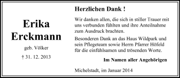 Traueranzeige von Erika Erckmann von Odenwälder Echo