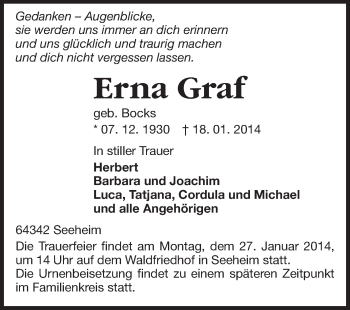Traueranzeige von Erna Graf  von Echo-Zeitungen (Gesamtausgabe)
