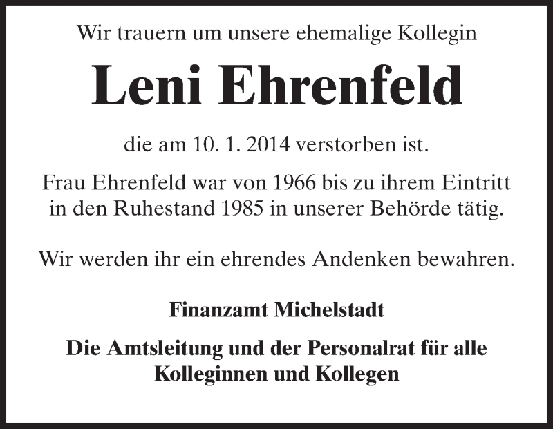 Traueranzeige für Leni Ehrenfeld vom 22.01.2014 aus Odenwälder Echo