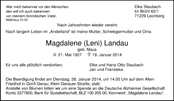 Traueranzeige von Magdalene Landau von Rüsselsheimer Echo, Groß-Gerauer-Echo, Ried Echo