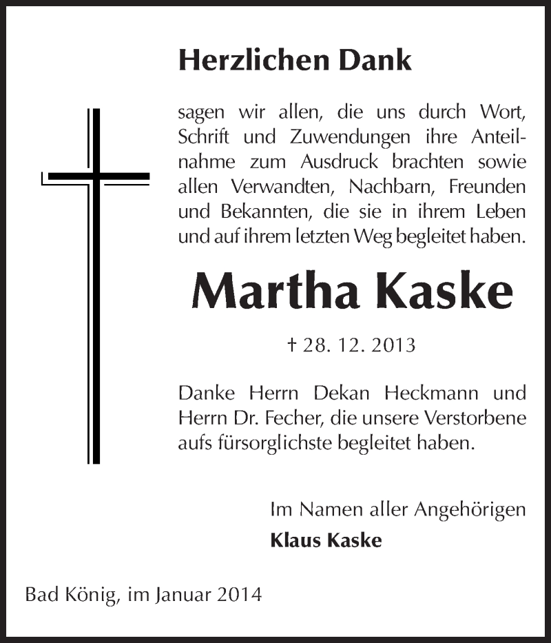  Traueranzeige für Martha Kaska vom 25.01.2014 aus Odenwälder Echo