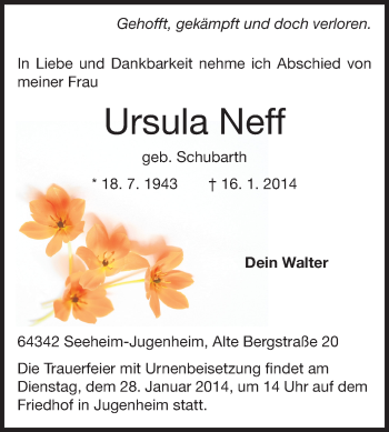 Traueranzeige von Ursula Neff von Echo-Zeitungen (Gesamtausgabe)