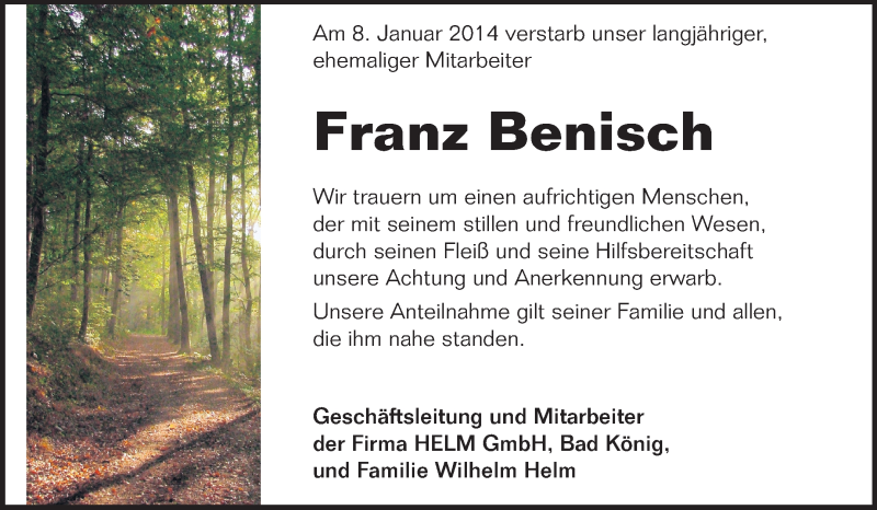  Traueranzeige für Franz Benisch vom 23.01.2014 aus Odenwälder Echo