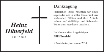Traueranzeige von Heinz Hünerfeld von Rüsselsheimer Echo, Groß-Gerauer-Echo, Ried Echo