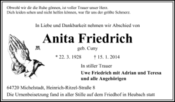 Traueranzeige von Anita Friedrich von Odenwälder Echo