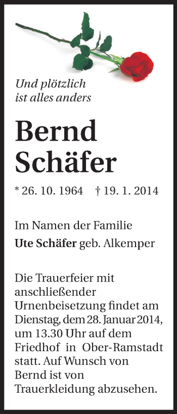 Traueranzeige von Bernd Schäfer von Echo-Zeitungen (Gesamtausgabe)
