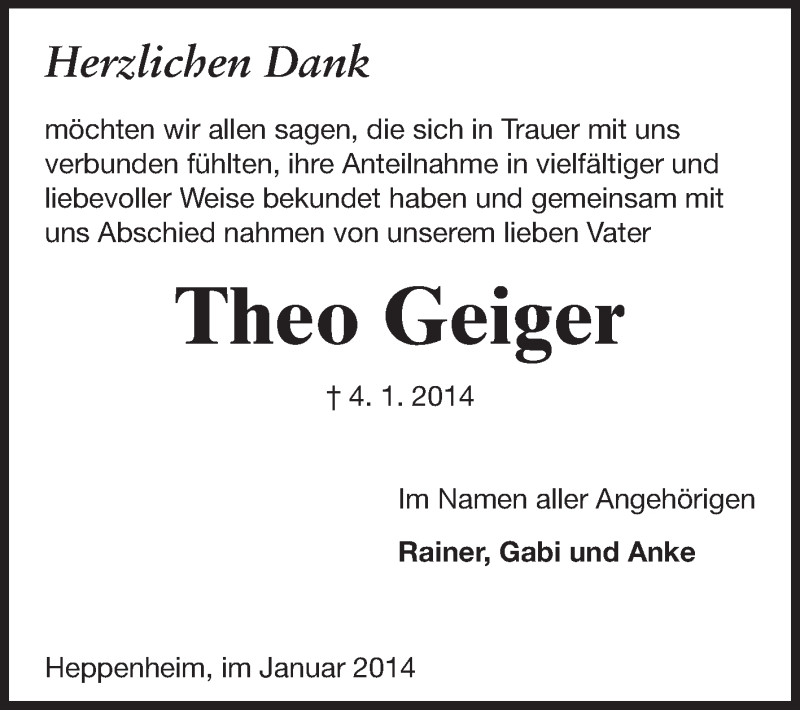  Traueranzeige für Theo Geiger vom 25.01.2014 aus Starkenburger Echo