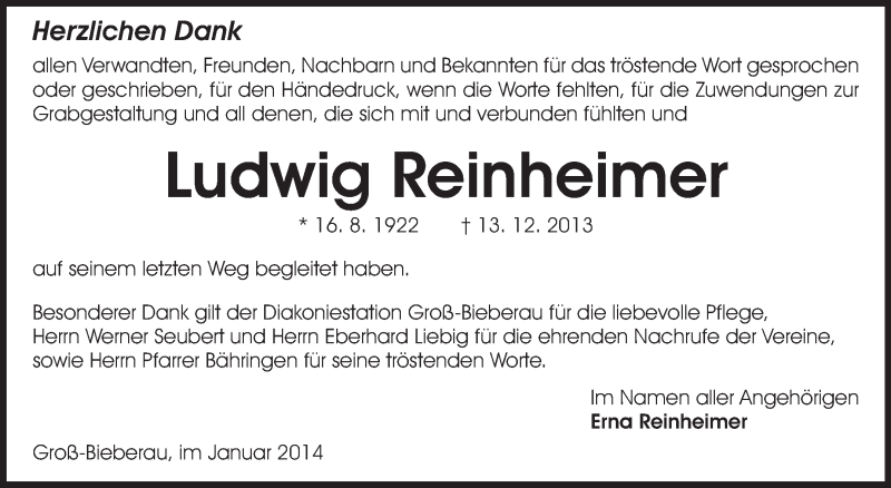  Traueranzeige für Ludwig Reinheimer vom 25.01.2014 aus Echo-Zeitungen (Gesamtausgabe)