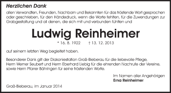 Traueranzeige von Ludwig Reinheimer von Echo-Zeitungen (Gesamtausgabe)