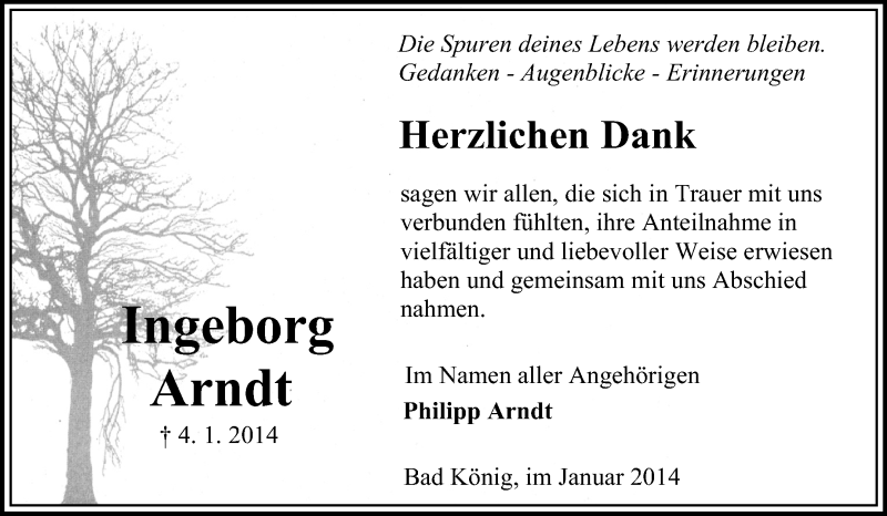  Traueranzeige für Ingeborg Arndt vom 25.01.2014 aus Echo-Zeitungen (Gesamtausgabe)