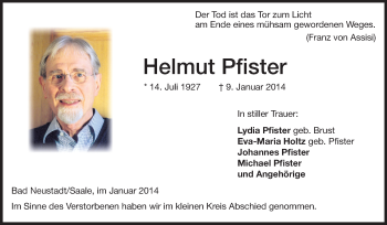 Traueranzeige von Helmut Pfister von Echo-Zeitungen (Gesamtausgabe)