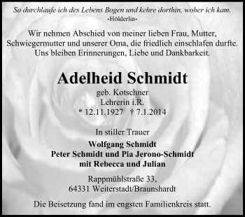Traueranzeige von Adelheid Schmidt von Echo-Zeitungen (Gesamtausgabe)